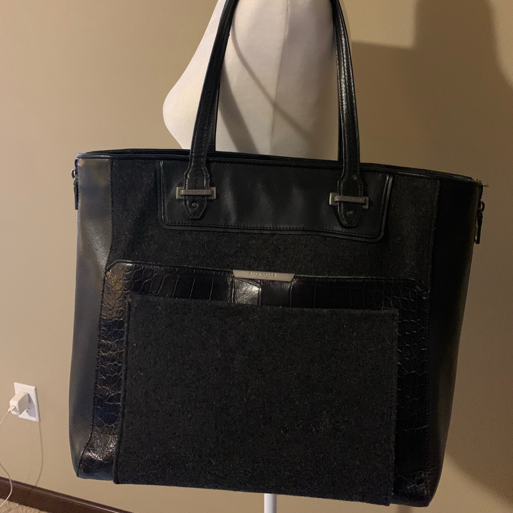 Coach Taylor Croc Black Leather & Wool Tote Purse
